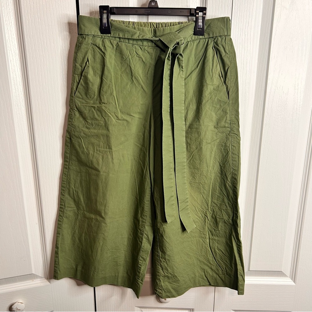 J. Crew Women's Wide Leg Green Pleated Belted Pull On Cotton Crop Pants Size 2